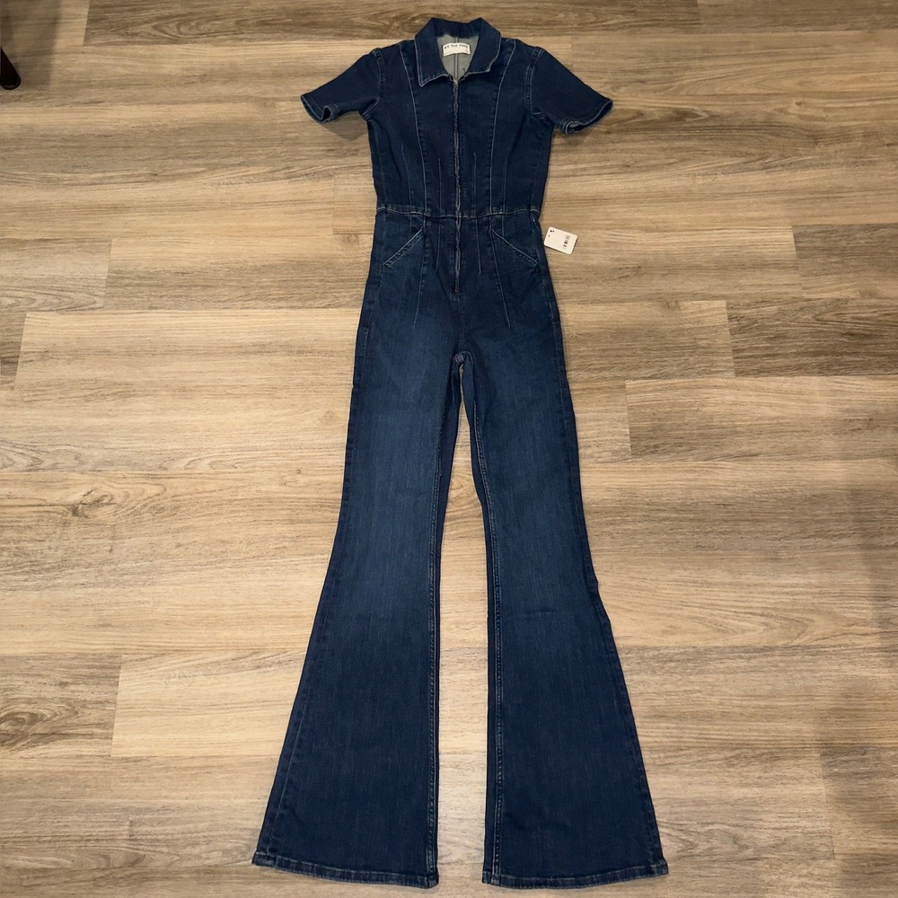 Free People We The Free Jayde Flare Jumpsuit Blue Denim XS OB1607444 Night Sky